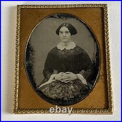 Antique Daguerreotype Photograph Beautiful Young Woman Fringe Dress Lace Cross