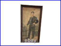 Antique Framed Hand Colored Photograph Young Man Standing By Fence