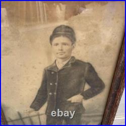 Antique Framed Hand Colored Photograph Young Man Standing By Fence
