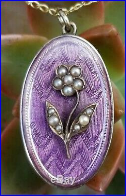 Antique Gold Guilloche Enamel Seed Pearl Flower Photo Locket Pendant Necklace 9k