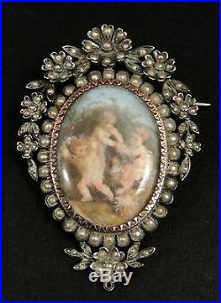 Antique Huge Silver Gold & Pearl Miniature Painting Photo Holder Locket Pendant
