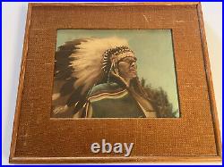 Antique Indian Chief Photograph Hand Tinted Painting Colored Vintage Portrait