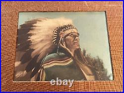 Antique Indian Chief Photograph Hand Tinted Painting Colored Vintage Portrait