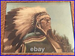 Antique Indian Chief Photograph Hand Tinted Painting Colored Vintage Portrait