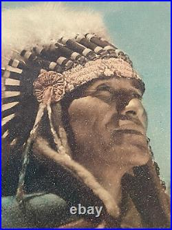 Antique Indian Chief Photograph Hand Tinted Painting Colored Vintage Portrait