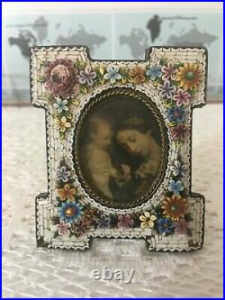 Antique Italian Brass Back Micro Mosaic Picture Frame Raised Flowers