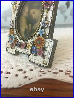 Antique Italian Brass Back Micro Mosaic Picture Frame Raised Flowers