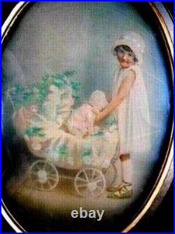 Antique Large Colored Photo, Young Girl, Baby In Buggy, Bubble Glass Frame