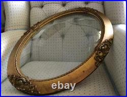 Antique Large Vtg Gold Gilt Wood & Gesso Oval Convex Bubble Glass Picture Frame