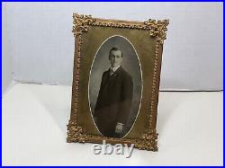 Antique Ornate Framed Photo Fleur-de-lis Design Dapper Young Man Gold Tone 4.5x6