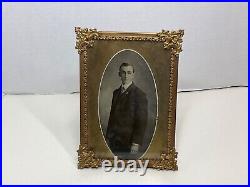 Antique Ornate Framed Photo Fleur-de-lis Design Dapper Young Man Gold Tone 4.5x6