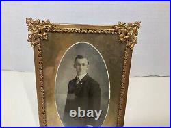 Antique Ornate Framed Photo Fleur-de-lis Design Dapper Young Man Gold Tone 4.5x6