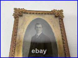 Antique Ornate Framed Photo Fleur-de-lis Design Dapper Young Man Gold Tone 4.5x6