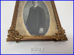 Antique Ornate Framed Photo Fleur-de-lis Design Dapper Young Man Gold Tone 4.5x6