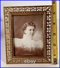 Antique Photo Of Beautiful Woman Convex Glass Metal Brass Reticulated Frame