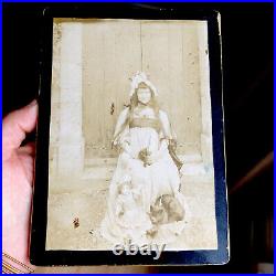 Antique Photo On Board Kitty Cats And Doll Fabulous