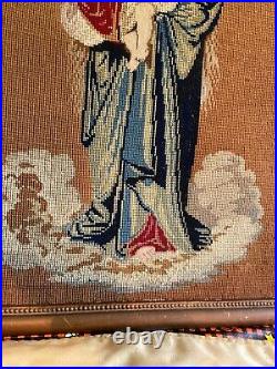 Antique Religious Virgin Mary Jesus Needlepoint 25 19framed Picture Art