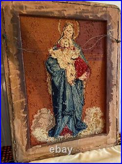 Antique Religious Virgin Mary Jesus Needlepoint 25 19framed Picture Art