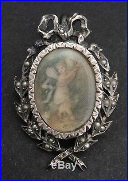 Antique Solid Silver Pearl Miniature Painting Photo Holder Locket Pendant Brooch