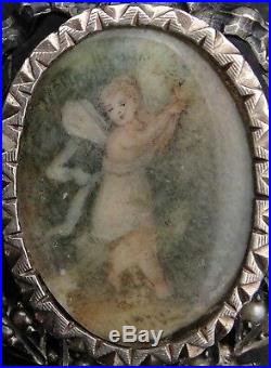 Antique Solid Silver Pearl Miniature Painting Photo Holder Locket Pendant Brooch