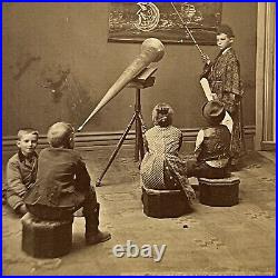 Antique Stereoview Photograph Card Children Astronomy Moon Stars Telescope