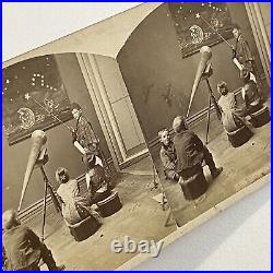 Antique Stereoview Photograph Card Children Astronomy Moon Stars Telescope