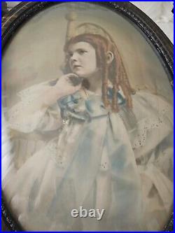 Antique The Blue Girl 22 x 16 Oval Wooden/Gesso Frame Bubble Glass