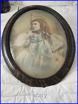 Antique The Blue Girl 22 x 16 Oval Wooden/Gesso Frame Bubble Glass