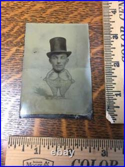 Antique Tintype Photo Carnival Caricature Fat Man Hands in Pockets Hat Souvenir