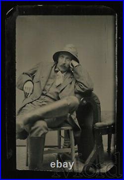 Antique Tintype Photo Casual Fisherman Bucket Hat & Boots Fishing Man 1800s