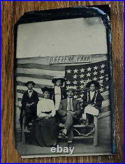 Antique Tintype Photo Victorian Group At Baerena Park Albany New York Rare Flag