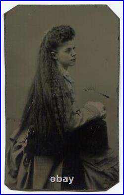 Antique Tintype Photo, Young Woman With Long Beautiful Wavy Hair