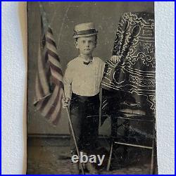Antique Tintype Photograph Adorable Little Boy American Flag Hat Photo Stand