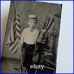 Antique Tintype Photograph Adorable Little Boy American Flag Hat Photo Stand
