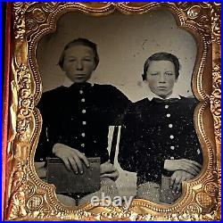 Antique Tintype Photograph Adorable Little Boys Holding School Books Brothers