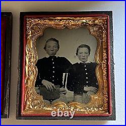 Antique Tintype Photograph Adorable Little Boys Holding School Books Brothers