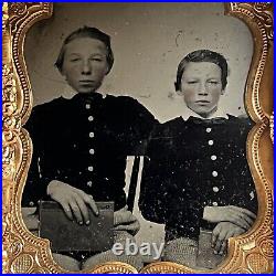 Antique Tintype Photograph Adorable Little Boys Holding School Books Brothers