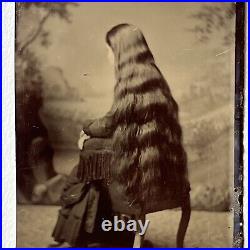 Antique Tintype Photograph Back View Woman Incredible Long Beautiful Hair Odd