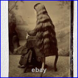 Antique Tintype Photograph Back View Woman Incredible Long Beautiful Hair Odd