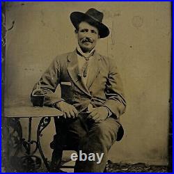 Antique Tintype Photograph Charming Handsome Man Cowboy Hat Mustache Whiskey