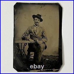 Antique Tintype Photograph Charming Handsome Man Cowboy Hat Mustache Whiskey