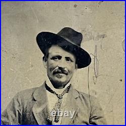 Antique Tintype Photograph Charming Handsome Man Cowboy Hat Mustache Whiskey