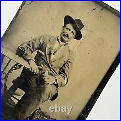 Antique Tintype Photograph Charming Handsome Man Cowboy Hat Mustache Whiskey