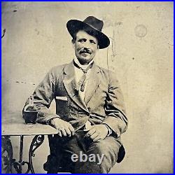 Antique Tintype Photograph Charming Handsome Man Cowboy Hat Mustache Whiskey