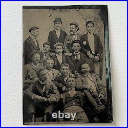 Antique Tintype Photograph Handsome Affectionate 13 Men Large Group Photo Odd