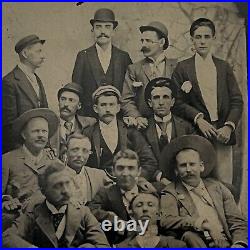 Antique Tintype Photograph Handsome Affectionate 13 Men Large Group Photo Odd