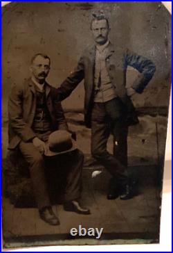 Antique Tintype Photograph Handsome Men Gay Interest Hand On Shoulder Hat Prop