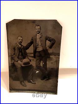 Antique Tintype Photograph Handsome Men Gay Interest Hand On Shoulder Hat Prop