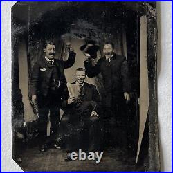 Antique Tintype Photograph Handsome Men Laughing Smiling Having Great Time Odd