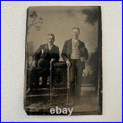 Antique Tintype Photograph Handsome Young Man Men Matching Hat Cane Gay Int